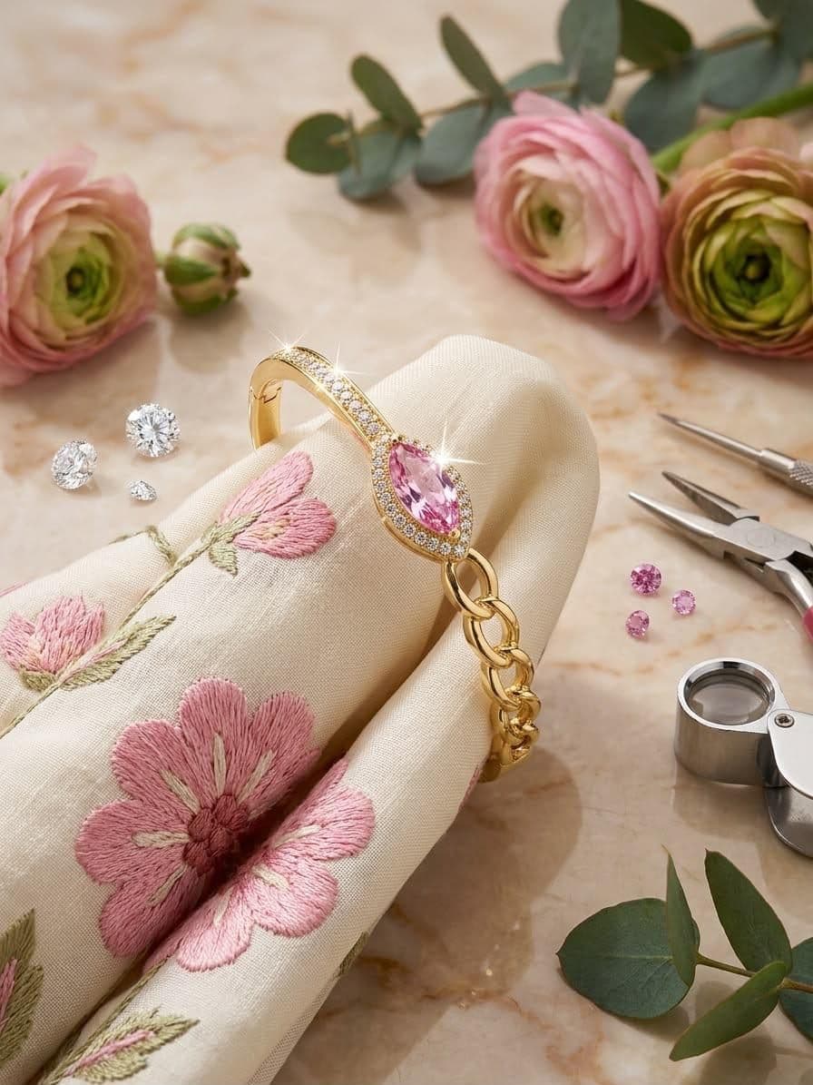 Gold bangle with a pink marquise stone