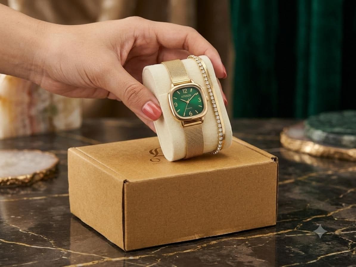 A watch placed on its stand beside a gift box